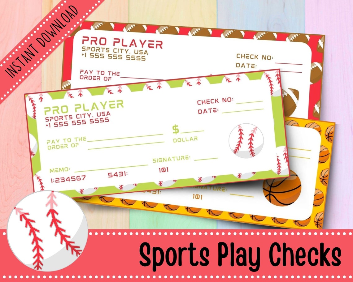 Sports Play Checks for Kids Printable Play Checks Money Math Play Money
