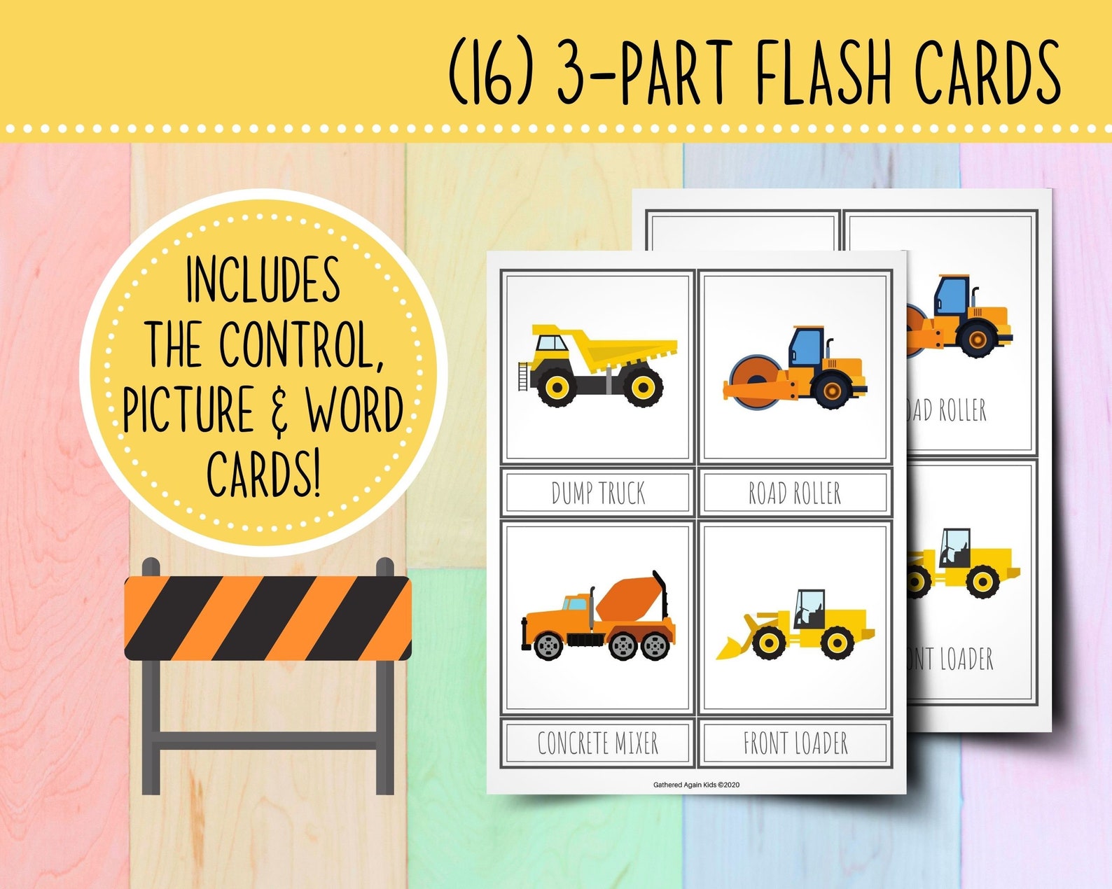 Construction Vehicles Flash Cards Activities for Toddlers Montessori Match Game Preschool