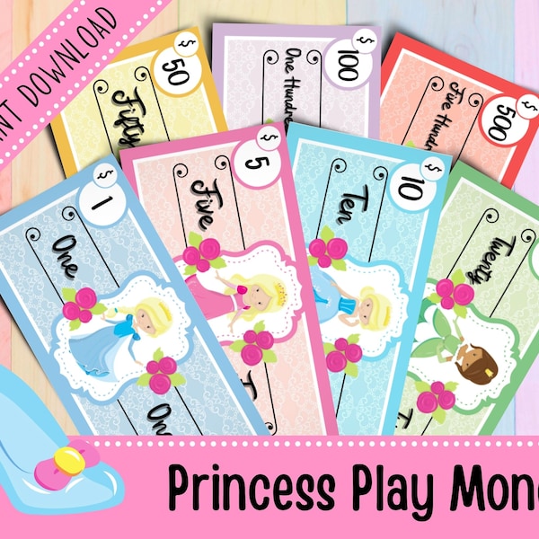 Printable Princess Play Money | Pretend Play | Reward System for Kids | Princess Birthday Party Favors | Preschool