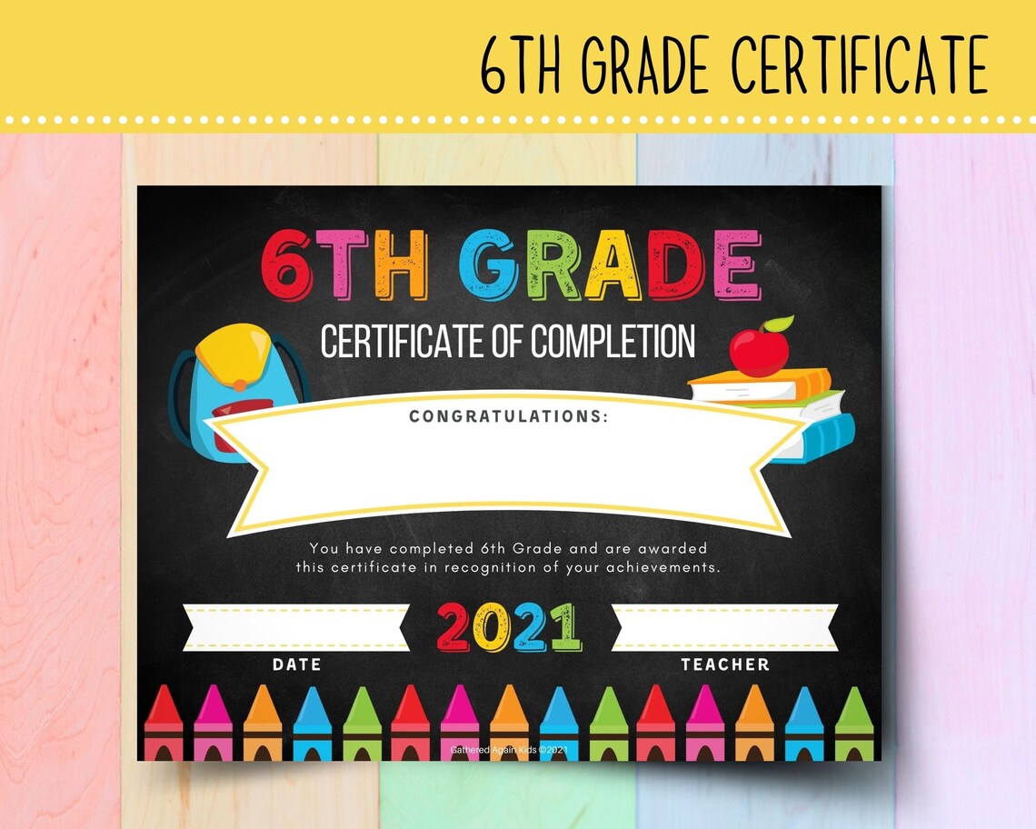 printable 6th grade graduation certificate 2021 chalkboard etsy