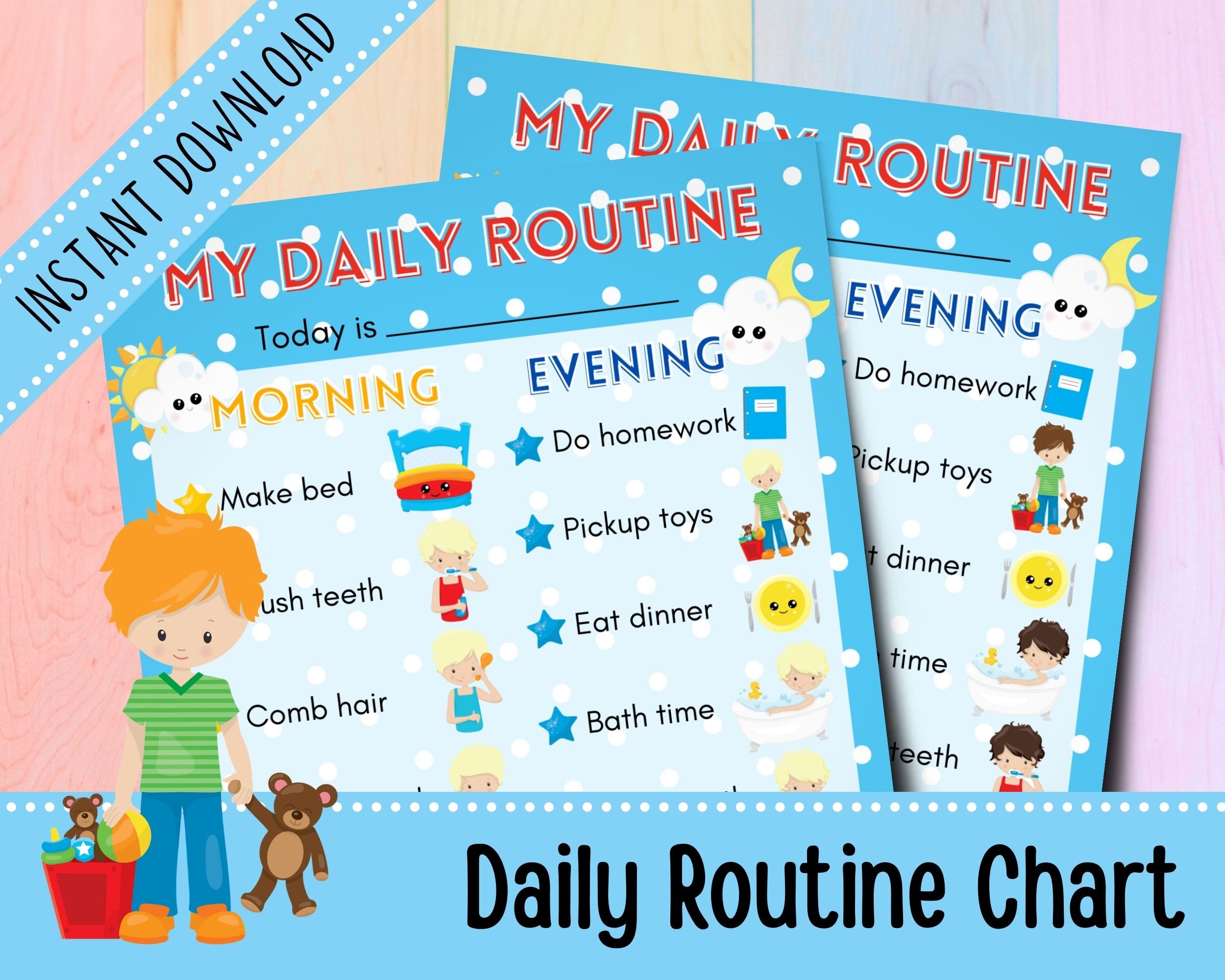 Daily Routine Chart for Boys | Schedule Reminder | Sticker Reward Chart ...