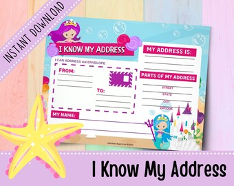 I Know My Address Worksheet - Mermaid | Learn Your Address | Preschool | Kindergarten | 1st Grade | Printable