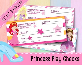 Princess Play Checks for Kids | Money Math | Play Money | Kindergarten | Printable