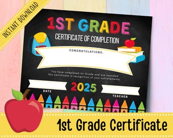Printable 1st Grade Graduation Certificate 2025 | Chalkboard Graduation Certificate | Homeschool Graduation Diploma | 1st Grade Award