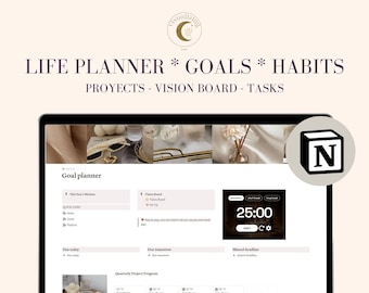 Goal setting notion template 2023|Notion Goal dashboard|Digital Planner Life Goal Template Manifesting, year review, yearly, quarterly goals