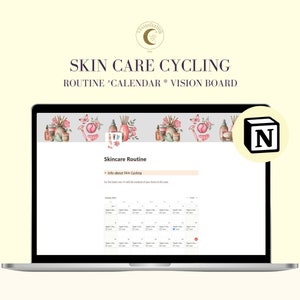 Puede incluir: Una pantalla de computadora portátil que muestra un calendario con el título "Skincare Routine" y el texto "Info about Skin Cycling". El calendario es para enero de 2023 y muestra los días de la semana y las fechas. La pantalla también tiene un diseño floral rosa y blanco en la parte superior. La computadora portátil está sobre un fondo amarillo claro.