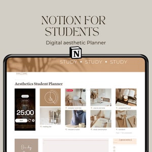 Puede incluir: Una captura de pantalla de una página de Notion titulada "Aesthetics Student Planner" con un fondo marrón claro. La página está dividida en secciones con imágenes de varios elementos relacionados con el estudio, como un temporizador, una lista de lectura, un rastreador de revisiones, un plan de sección de estudio y un cuaderno. La página también incluye una sección para "Notas rápidas".