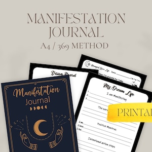 Puede incluir: Diario de manifestación imprimible con un diseño negro y dorado. El diario incluye un tablero de visión, una sección para afirmaciones diarias y una sección para realizar un seguimiento del progreso hacia las metas. El diario se titula "Diario de manifestación" y presenta una luna creciente y manos que sostienen la luna.