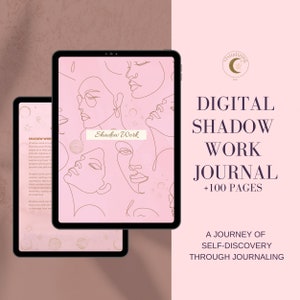 Puede incluir: Diario digital con fondo rosa y un título que dice "Diario de trabajo de la sombra digital + 100 páginas". La portada del diario presenta una ilustración estilizada de varios rostros femeninos en contorno dorado.