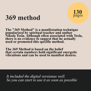 Peut inclure: Un fond beige avec du texte noir expliquant la "m&eacute;thode 369" de manifestation. Le texte mentionne Nikola Tesla et la croyance que certains nombres d&eacute;tiennent des vibrations &eacute;nerg&eacute;tiques significatives. Un cercle jaune avec du texte noir indique "130 pages".