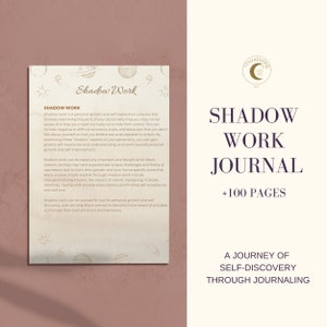 Puede incluir: Una portada de diario rosa y blanca con el texto "Shadow Work Journal +100 Pages" y el texto "Un viaje de autodescubrimiento a través del diario".