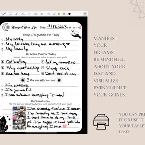 May include: A printable digital planner page with a black background and white text. The page is titled "Manifest Your Life" and includes sections for daily gratitude, action plans, affirmations, and visualization. The page also includes a calendar with the date 11/12/023.