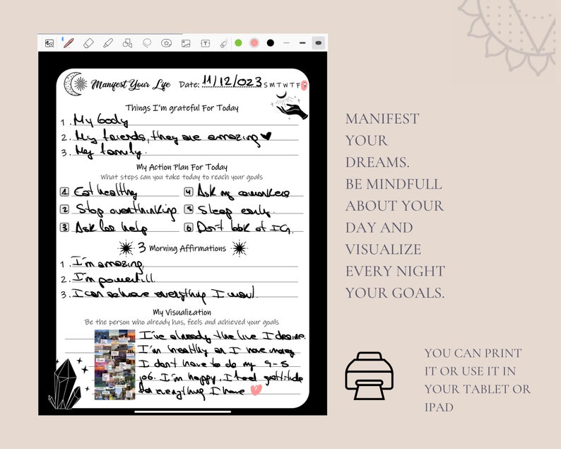 May include: A printable digital planner page with a black background and white text. The page is titled "Manifest Your Life" and includes sections for daily gratitude, action plans, affirmations, and visualization. The page also includes a calendar with the date 11/12/023.