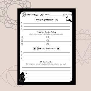 May include: Black and white printable planner page with the title "Manifest Your Life" and sections for gratitude, action plan, affirmations, and visualization.