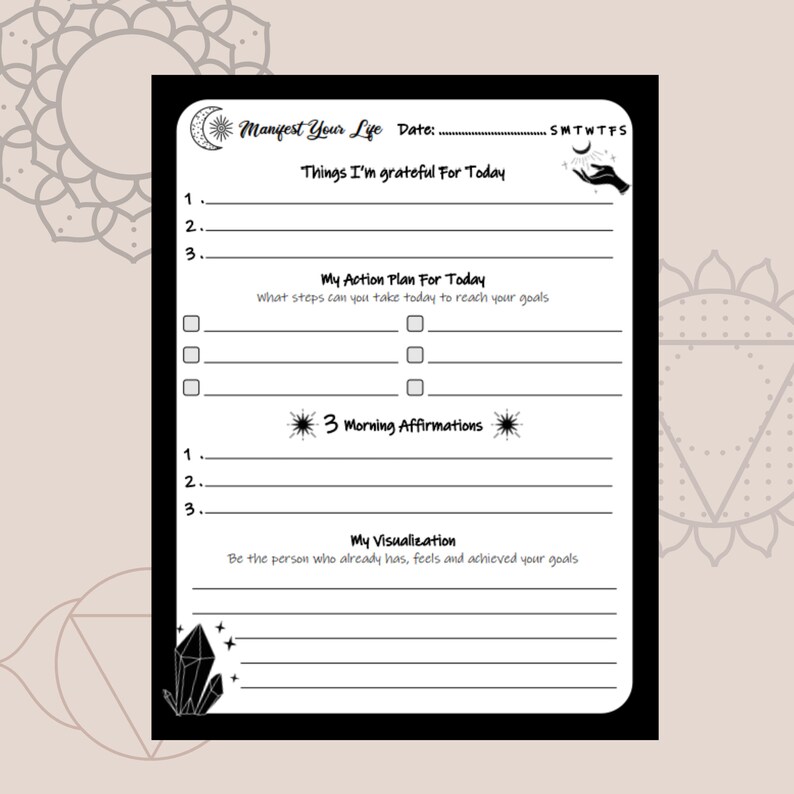 May include: Black and white printable planner page with the title "Manifest Your Life" and sections for gratitude, action plan, affirmations, and visualization.