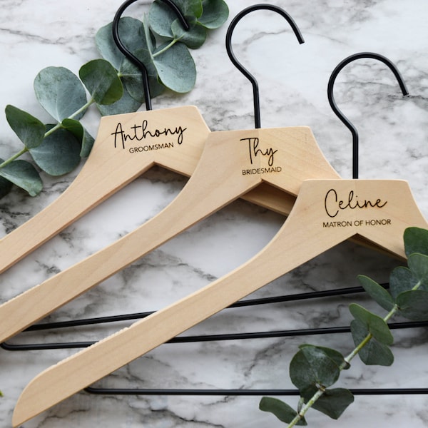Personalized Script Wedding Hanger, Natural Wood Bridal Party Gift