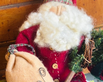Handmade Primitive Santa Claus Doll, Burgundy Wool Folk Art Decor