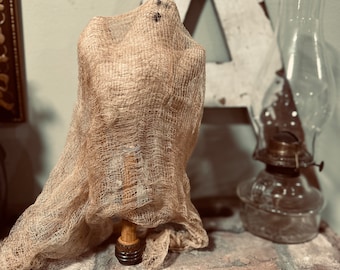 Primitive Halloween Ghost Decor, Osnaburg Fabric, Wooden Bobbin