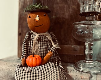 Primitive Handmade Pumpkin Witch Doll, Halloween Pumpkin Doll, Candy Corn, Fall, Halloween Decor