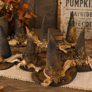May include: A collection of six miniature witch hats in a dark, distressed black finish with brown accents. Each hat features a pointed crown, a wide brim, and is decorated with frayed tan fabric strips, small dried floral sprigs, and tiny metal bells.