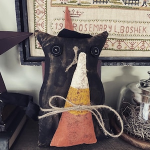 Primitive Halloween witch kitty candy corn doll - primitive decor - Halloween decor - cat - witch