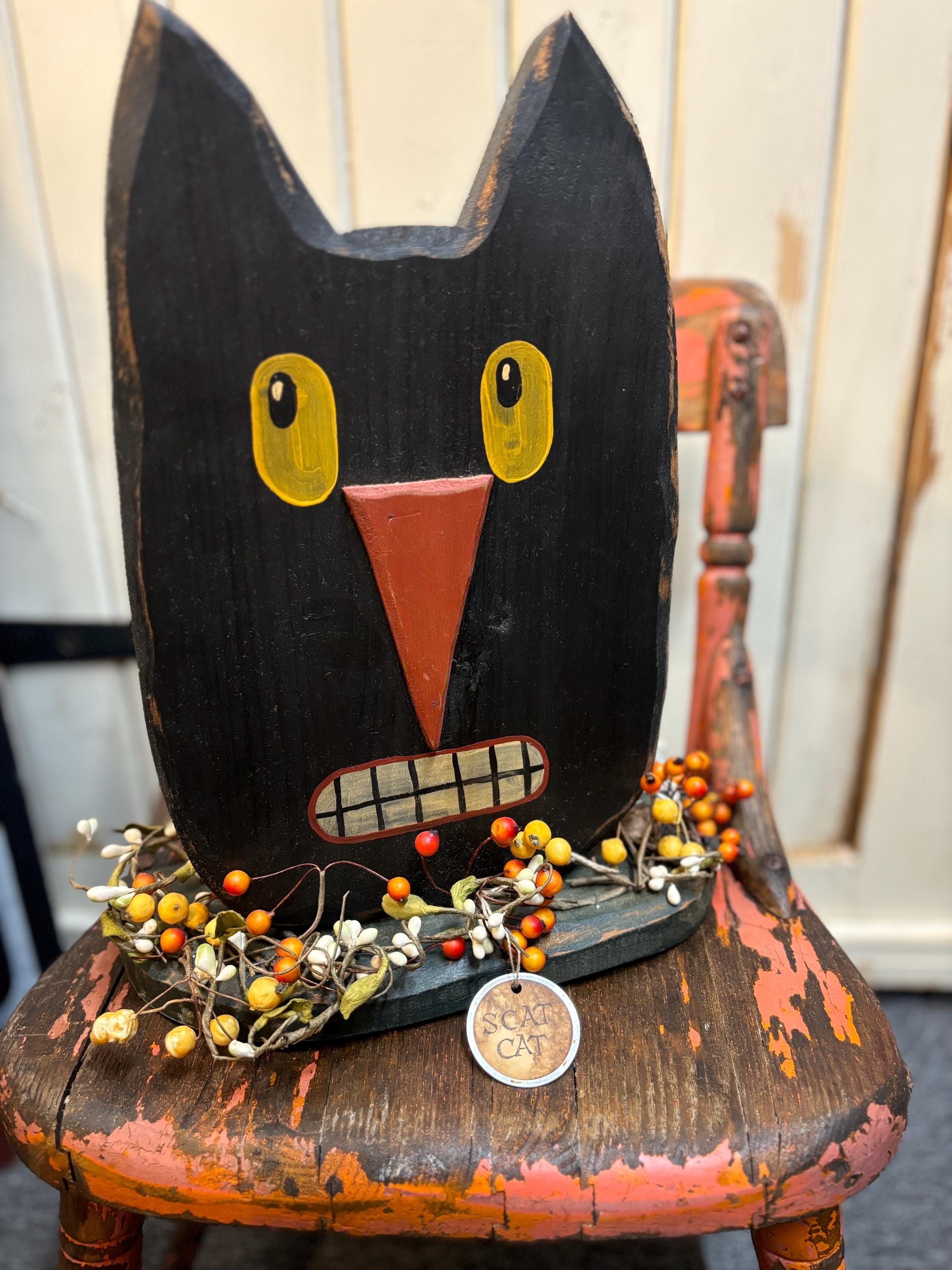 7 Figurines Halloween En Bois - Citrouilles, Chauves-souris, Fantômes, Chat Noir, Pour Déco Maison Ou Fête - 4
