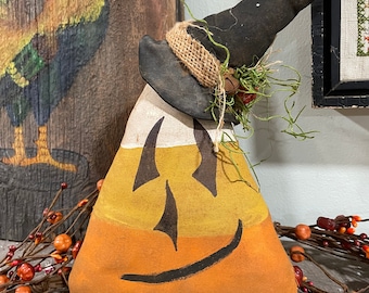 Primitive Candy Corn Jackolantern Witch Ornie - Halloween Decor - Witchy Halloween Primitive Fall Decor