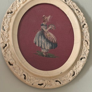 Antique Framed Needlepoint Girl Gathering Flowers Victorian Sampler, Victorian Embroidery, Cross Stitch Art, Cottage Core, Farmhouse Decor