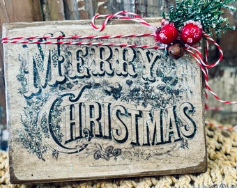 Primitive Christmas Wooden Block Sign, Handmade Wooden Sign, Merry Christmas, Rustic Holiday Sign, Tiered Tray Display, Vintage Christmas