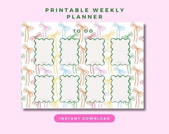 Aesthetic Bow Weekly Planner | Cute Printable To-Do List | Pastel Digital Organizer PDF