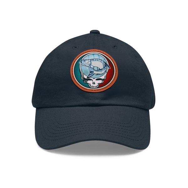 Grateful Dead Fishing Hat: Deadhead Inspired Baseball cap with round leather patch, Rock the Scene on and off the Water, fish and skull