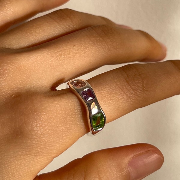 Multicolour Gemstone Silver Open Ring| Sterling Silver 925| Unisex Ring