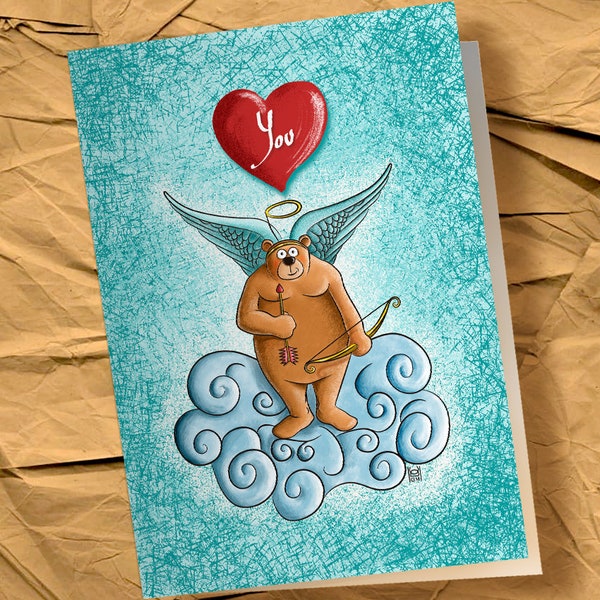 Tarjeta de felicitación San Valentín con oso_001 disfrazado de cupido y con corazón