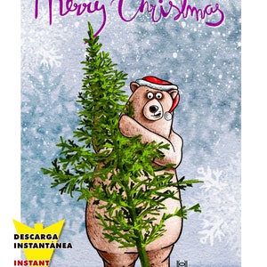Voeux de Noël avec un ours étreignant un arbre dans la neige