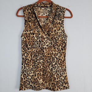 Vintage Y2K Leopard Print Sleeveless Top sz L 90s Party Classic Office Siren USA