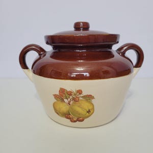 May include: A two-handled ceramic pot with a lid, featuring a glossy dark brown upper section and a cream-colored lower body. The front displays a botanical illustration of two green quince fruits surrounded by brown hazelnuts and green leaves.