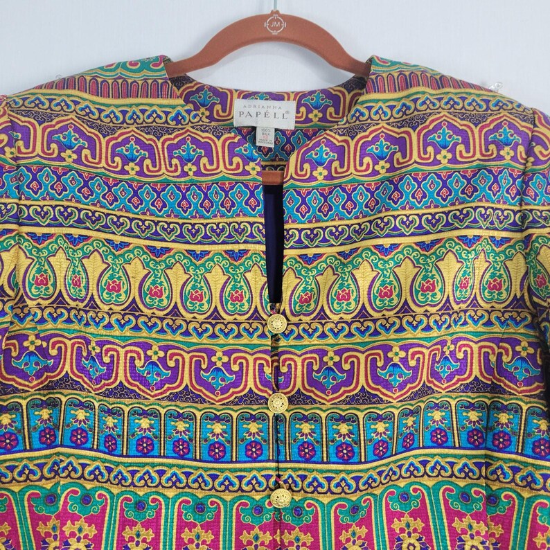 Vintage 90s Adrianna Papell Silk Jacket size 12 Egyptian Revival Jewel Tone image 2