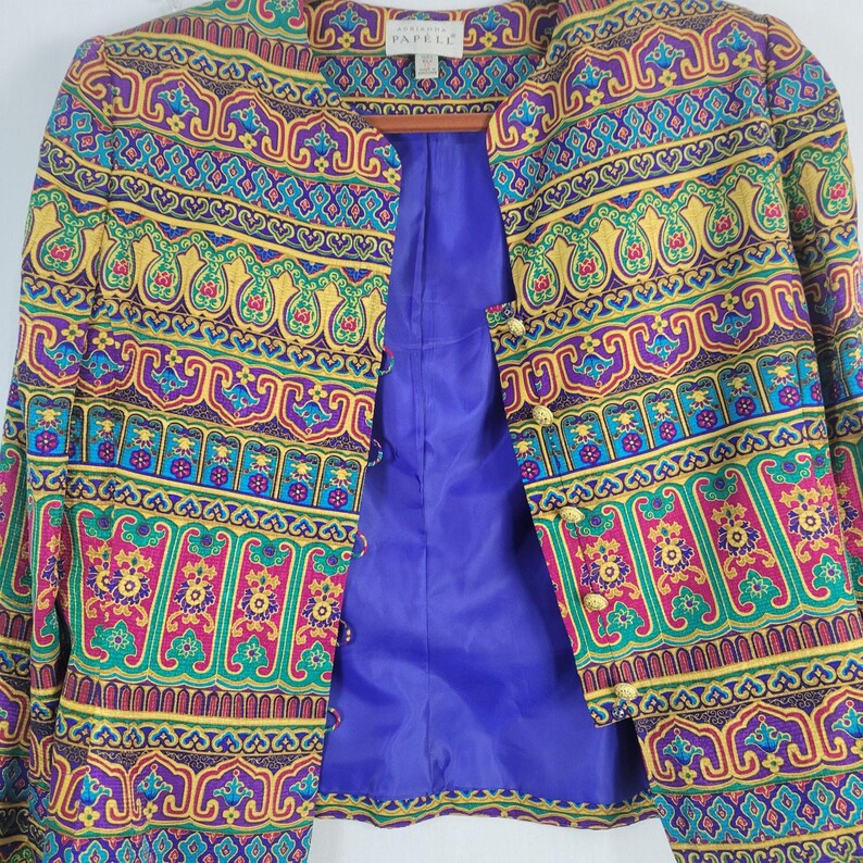 Vintage 90s Adrianna Papell Silk Jacket size 12 Egyptian Revival Jewel Tone image 8
