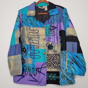 Vintage Maggie Barnes mixed patchwork jacket sz 1X multicolor embroidered artsy