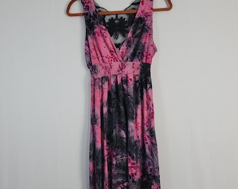 Vtg Sleeveless Floral Babydoll Dress sz M Black Pink Y2K Fairy Grunge Whimsigoth