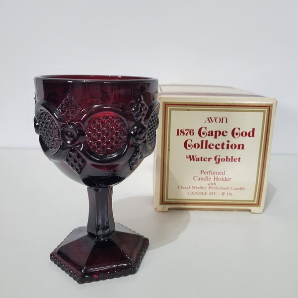 Avon Cape Cod Collection Ruby Red Glass Water Goblet, New in Box, with Candle