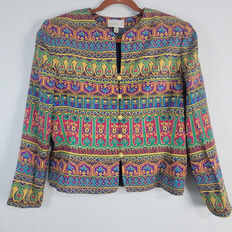 Vintage 90s Adrianna Papell Silk Jacket size 12 Egyptian Revival Jewel Tone image 1