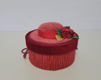 Vintage Sewing Box with Hat Pin Cushion Lid with Handles, Pockets Inside, Red