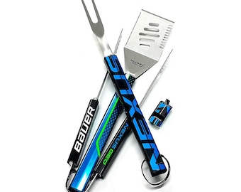 Hockeyschläger BBQ Grill Set - Einzigartiges Hockey Geschenk für Papa oder Trainer - Upcycled Korb Grill Werkzeuge - Bauer Nexus Geo