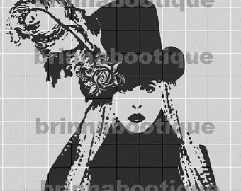 May include: Black and white graphic illustration of a person wearing a hat adorned with floral and feather accents. The person's face is visible, with dark lips and a patterned background. The text "brinabootique" is overlaid on the image.