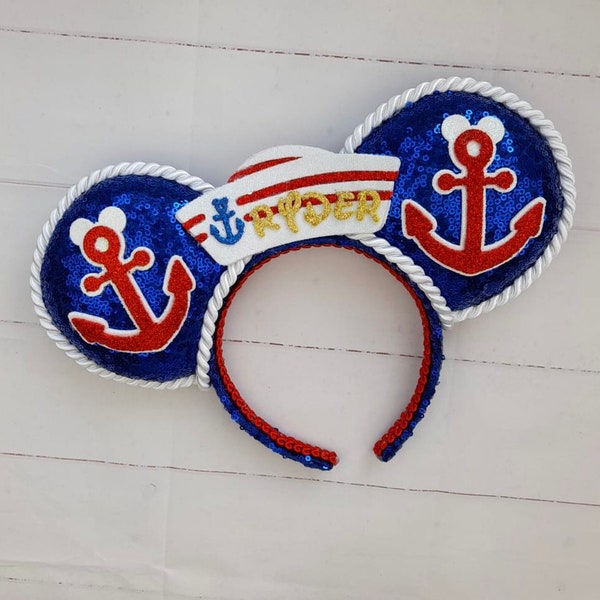 Boys Magic at Sea Cruise Nautical Royal Blue Sequin Mouse Ear Headband with personalised sailor hat glitter anchor design Hairband