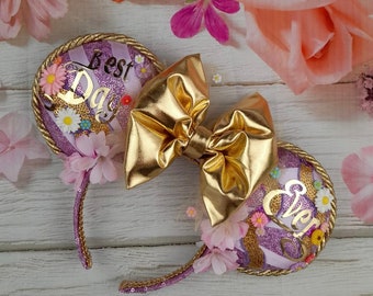 Best Day Ever Rapunzel inspired Mouse Ear Headband with gold bow Girls gift Birthday version also available can be personalised