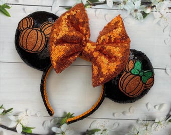 Halloween pumpkin mouse ears with orange sequin bow