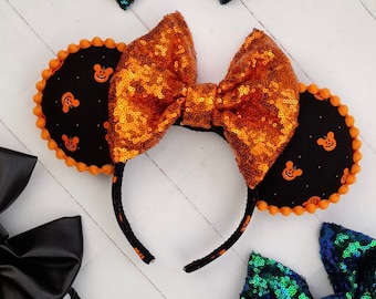 Halloween pumpkin mouse ears with orange sequin bow