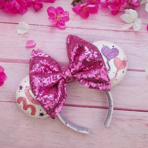 Iridescent white Birthday ears with Pink Polka dot design Mouse Ear Headband with big sparkly pink sequin bow Girls gift 30th Birthday